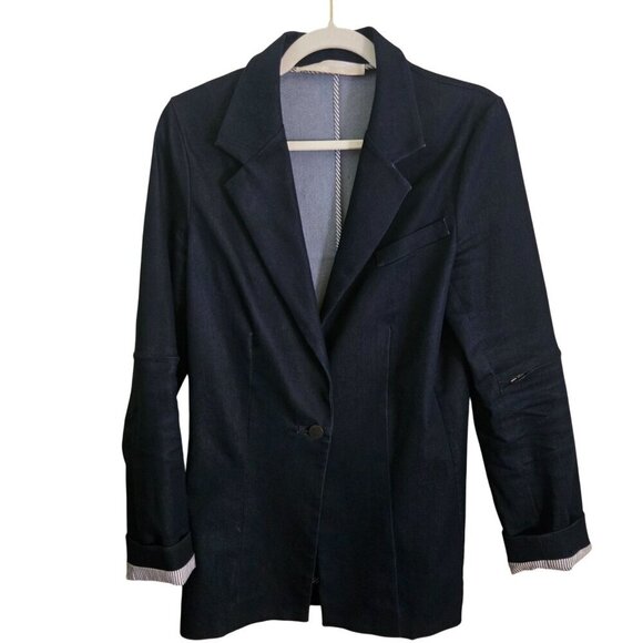 Daniela Corte Rocket Zip Jacket Dark Wash Denim Navy Logo Designer Size 44/L - Picture 2 of 13